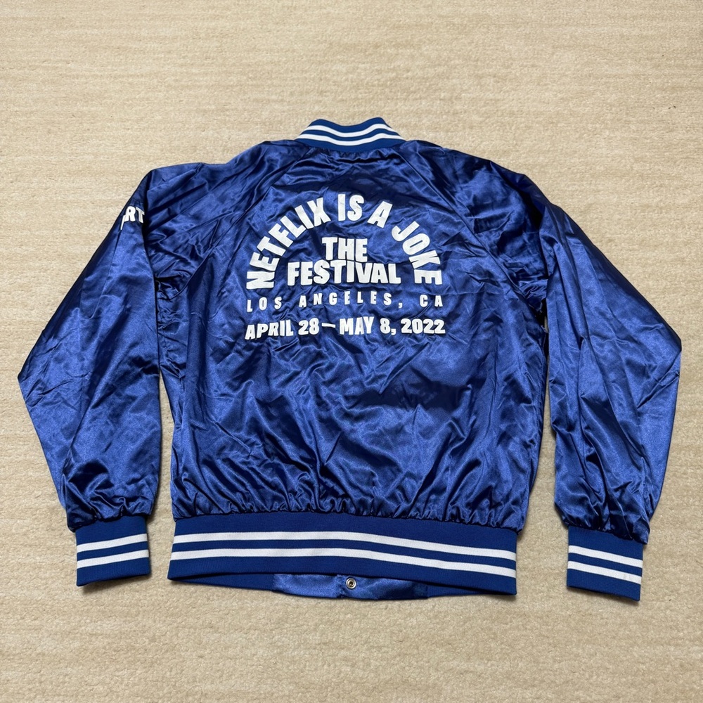 Netflix Is A Joke The Festival Artist Talent Satin Bomber Jacket Size Small Blue